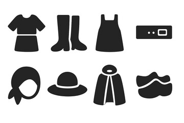 Black Peasant Clothing Icons. Solid, filled icon set of peasant clothing and accessories: tunic, boots, apron, belt, headscarf, straw hat, cloak, wooden shoes.