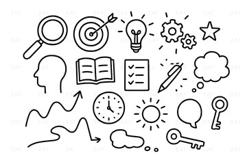 Focus Symbols Doodle. Hand-drawn doodle illustration Focus and clarity magnifying glass, target, arrow, light bulb, gears, checklist, book, head silhouette,