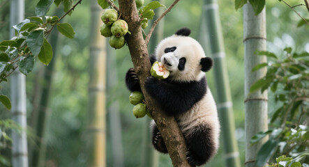 Obraz premium A panda cub happily eats guava while climbing tree