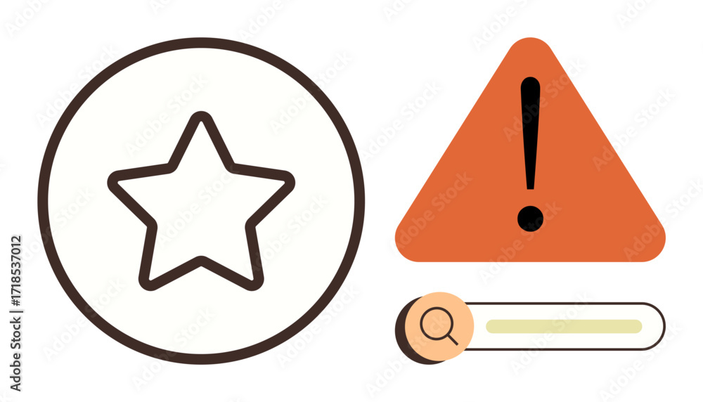 Aufkleber star icon in circle alongside triangular warning mark with exclamation point and search bar. ideal f