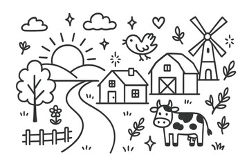 Countryside Sunset Doodle. Hand-drawn doodle illustration Sunset in the countryside [sun, tree, house, barn, windmill, path, fence, bird, cow, cloud, flower,