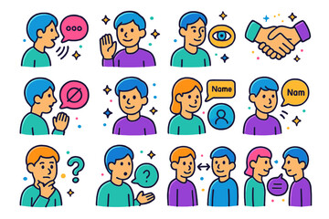 Conversation Etiquette Icons. Colorful isometric vector icons set of conversation etiquette: active listening, nodding head, eye contact, handshake, not