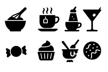 Sugar Uses Icons. Solid, filled icon set of sugar uses: baking, sweetening tea, coffee sugar, cocktail syrup, candy making, frosting, caramelizing, sugar