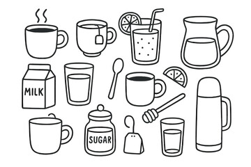 Breakfast Beverage Doodles. Hand-drawn doodle illustration breakfast beverages coffee mug, tea cup, orange juice glass, smoothie glass, milk carton, water