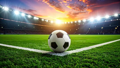 A soccer ball sits on the corner of a soccer field in a stadium with a sunset in the background