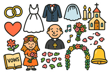 Naklejka premium Wedding Celebration Doodles. Colorful Hand-drawn doodle Children illustration Traditional wedding rings, bride dress, groom suit, veil, bouquet, candles,