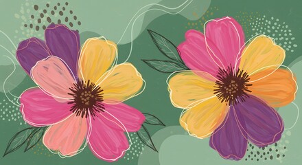 Vibrant abstract floral illustration featuring two stylized flowers with multi-colored petals and delicate leaf accents on a textured green background with w...