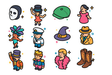 Iconic Musical Characters. Colorful isometric vector icons set of iconic musical theater characters: masked phantom, jazz dancer, newsboy cap, opera diva,
