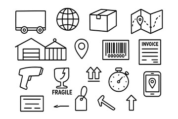 Logistics Doodle Compilation. Hand-drawn doodle illustration Logistics Company cargo truck, globe icon, delivery box, route map, warehouse, shipping container,