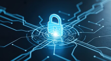 A glowing blue padlock icon centered on a dark blue background with circuit board like patterns around it