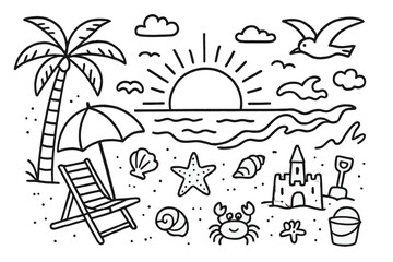 Obraz premium Beach Sunset Doodle. Hand-drawn doodle illustration Sunset at the beach sun, wave, umbrella, beach chair, palm tree, starfish, shell, crab, bucket, shovel,