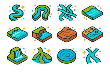 Fototapeta premium Colorful River Icons. Colorful isometric vector icons set of River Features and Motion: meandering stream, oxbow bend, stream braid, gentle flow, rapid rush,