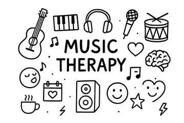 Music Therapy Doodles. Hand-drawn doodle illustration Music therapy [guitar, piano keys, headphones, microphone, drum, music note, singing face, heart, brain,