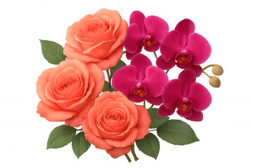 Fototapeta premium Roses and orchids creating a vibrant floral bouquet with green leaves on transparent background