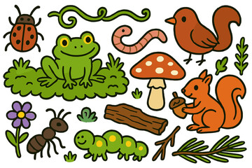 Mossy Forest Doodles. Colorful Hand-drawn doodle Children illustration Moss Habitat Creatures beetle, ant, worm, frog, bird, squirrel, mushroom, moss, bark,