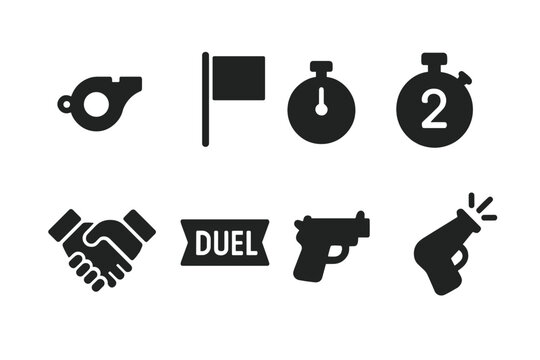 Duel Signal Icons. Solid, filled icon set of duel signals: referee whistle, duel flag, timer, countdown clock, handshake, duel banner, start gun, signal flare.
