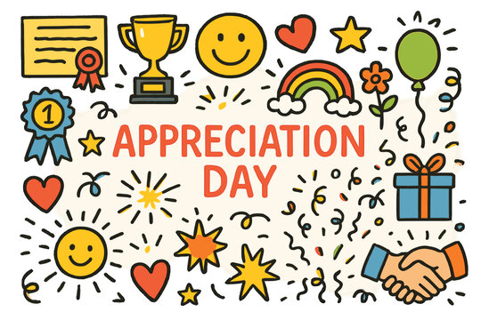 Children's Celebration Icons. Colorful Hand-drawn doodle Children illustration Appreciation Day [certificate, trophy, ribbon, medal, smiling face, heart, star,