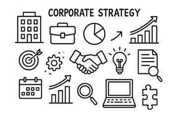 Corporate Strategy Icons. Hand-drawn doodle illustration Corporate strategy office building, briefcase, pie chart, bar chart, handshake, gear, light bulb,