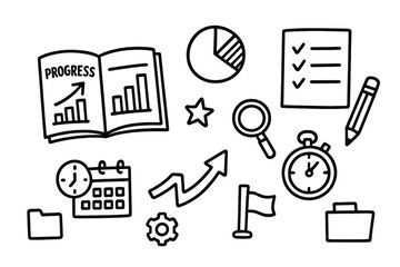 Academic Progress Doodles. Hand-drawn doodle illustration academic progress tracking book, notebook, checklist, pencil, pie chart, bar chart, clock, calendar,