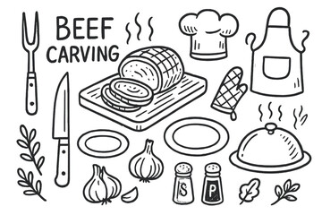 Beef Carving Essentials. Hand-drawn doodle illustration Beef carving roast beef, carving fork, carving knife, cutting board, plate, serving tray, steam lines,