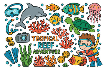Naklejka premium Tropical Reef Adventure. Colorful Hand-drawn doodle Children illustration Tropical reef adventure dolphin, parrotfish, butterflyfish, coral, diver, underwater