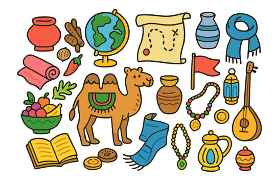 Silk Road Doodle. Colorful Hand-drawn doodle Children illustration Story of the Silk Road camel, silk roll, spices, scroll, globe, map, pottery, scarf, fruit