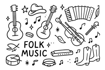 Obraz premium Folk Music Icons. Hand-drawn doodle illustration Folk Music [acoustic guitar, banjo, mandolin, fiddle, accordion, harmonica, drum, flute, hat, star, sparkle,