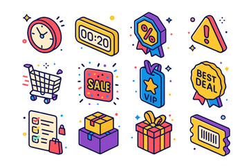 Vibrant Shopping Icons. Colorful isometric vector icons set of online shopping during sales events: flash sale clock, countdown timer banner, mega discount