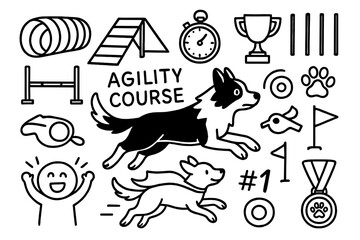 Dog Agility Icons. Hand-drawn doodle illustration Agility Course for Dogs tunnel, ramp, jump bar, weave poles, stopwatch, trophy, paw icon, whistle, focused