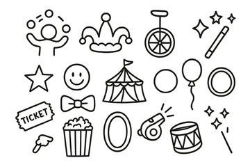 Circus Icon Doodles. Hand-drawn doodle illustration Juggling balls three juggling balls, clown hat, unicycle, circus tent, star, smiley face, bow tie, balloon,
