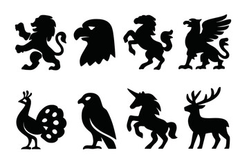Noble Animal Icons. Solid, filled icon set of noble animals: lion, eagle, stallion, griffin, peacock, falcon, unicorn, stag. Solid, filled icons in only black