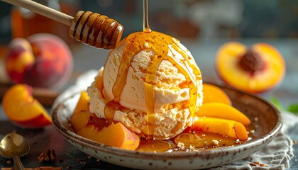 Honey drizzled over peach ice cream