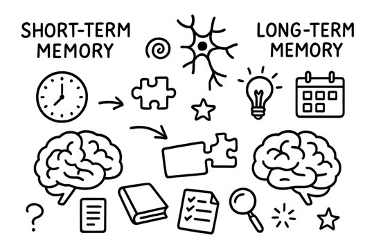 Memory Illustration Doodle. Hand-drawn doodle illustration Short-term and long-term memory [brain, clock, calendar, neuron, arrows, puzzle piece, light bulb,