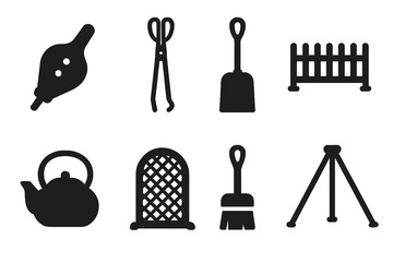 Traditional Hearth Tool Icons. Solid, filled icon set of traditional hearth tools: bellows, fire tongs, shovel, grate, cast iron kettle, fire screen, hearth