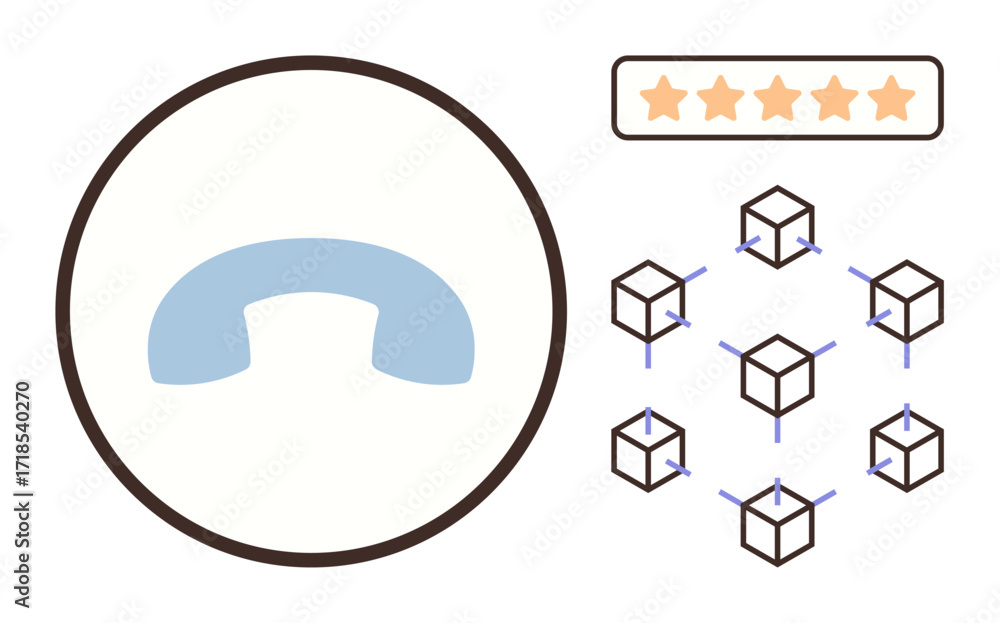 Aufkleber telephone receiver within a circle, a blockchain network of cubes, and a five-star rating badge. ide