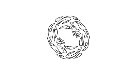 Abstract line art of fish and plants in circular design
