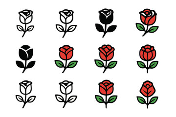 Embroidered Rose Designs. Set Logo of Embroidery on Denim Jackets and Accessories: Rose with stem embroidery. Logo set in vector style, emblematic variations.