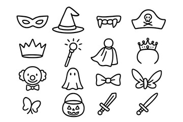 Costumed Party Icons. Hand-drawn doodle illustration Costumed guests [mask, witch hat, vampire teeth, pirate hat, crown, wizard staff, superhero cape, tiara,