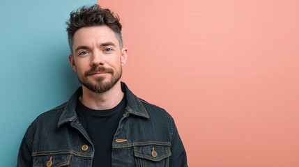 Obraz premium Stylish Young Man with a Beard Posing Against a Colorful Background