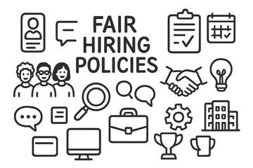 Diverse Hiring Icons. Hand-drawn doodle illustration [Fair hiring policies] [clipboard, resume, diverse team, magnifying glass, handshake, computer, briefcase,