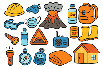 Volcano Safety Doodle. Colorful Hand-drawn doodle Children illustration Volcano safety [volcano, helmet, whistle, backpack, goggles, mask, boots, bottled