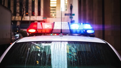 Urgent Response: Police Car Lights in City Night for Law Enforcement and Public Safety Campaigns