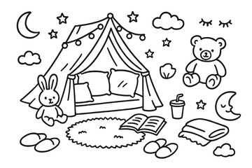 Cozy Indoor Doodle Scene. Hand-drawn doodle illustration Indoor tent with cushions tent structure, floor cushion, fairy lights, plush toy, storybook, cup with