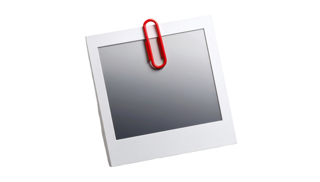 A white, square photo frame, seemingly digital or plastic, with a red paperclip attached.  A neutral gray gradient fills the image area