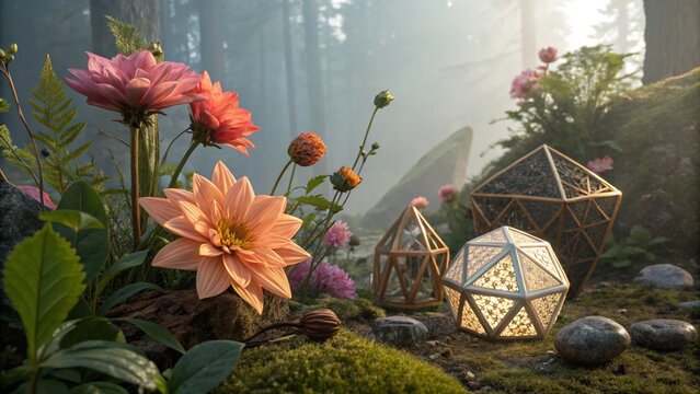 Enchanted Forest Still Life with Geometric Lanterns and Flowers
Magical Woodland Scene with Glowing Orbs and Fantasy Flowers
Mystical Still Life: Dahlias and Geometric Objects in a Hazy Forest