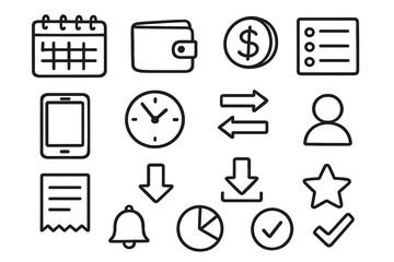 Mobile Wallet Icons. Hand-drawn doodle illustration Mobile wallet transaction history calendar, wallet, dollar icon, list lines, phone, clock, profile icon,