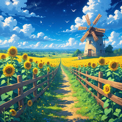 blue summer sky over animated sunflower field and windmill illustration in vibrant colorful style wallpaper background