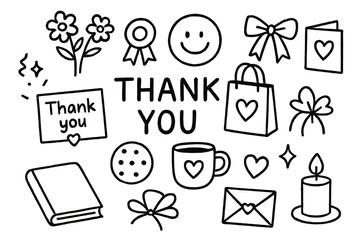 Thank You Doodle. Hand-drawn doodle illustration Thank you gift [thank you note, flowers, ribbon, smiling face, card, cookie, mug, bow, gift bag, book, heart,