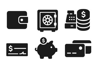 Monopoly Money Icons. Solid, filled icon set of monopoly money management: wallet, bank vault, cash register, coin stack, cheque, piggy bank, credit card,