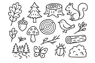 Woodland Doodle Icons. Hand-drawn doodle illustration [Woodland ecology and trees] [oak leaf, pine tree, tree stump, squirrel, acorn, mushroom, tree rings,